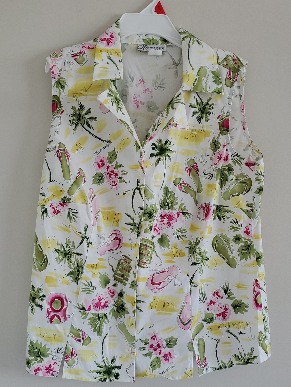 Dressbarn Sleeveless Floral Novelty Print Button-Front Shirt Top Sz 2X Vacation